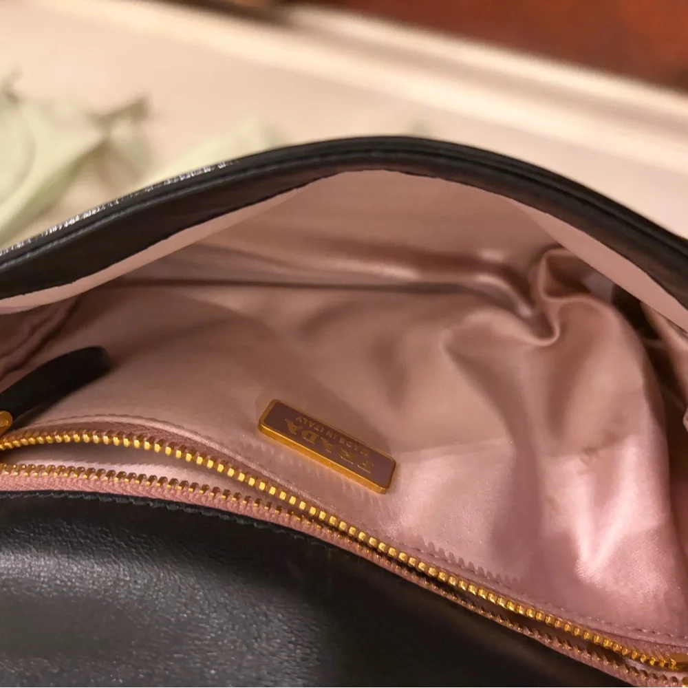Prada Black Patent Clutch with Teal and Amber Gem Detail